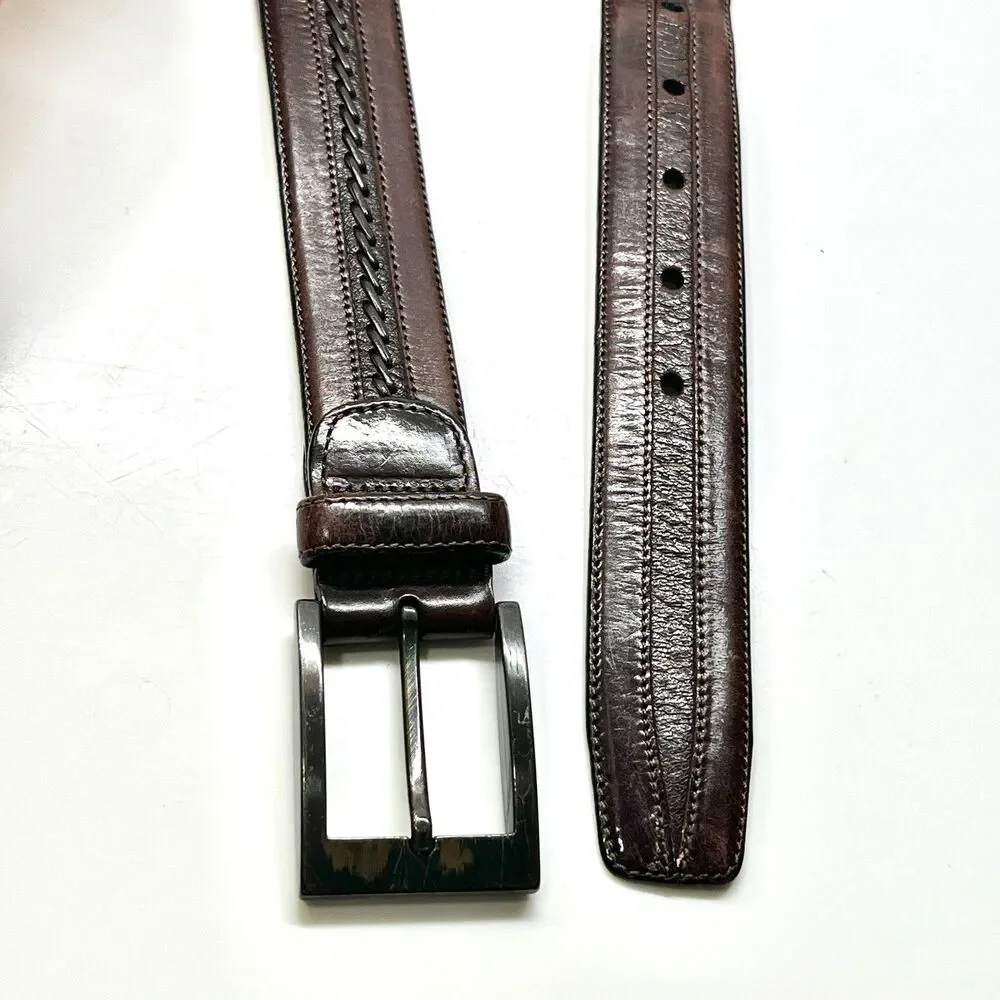 Mocha Dark Brown Spanish Leather Belt Mezlan Mens Size 38 M Herringbone Weave